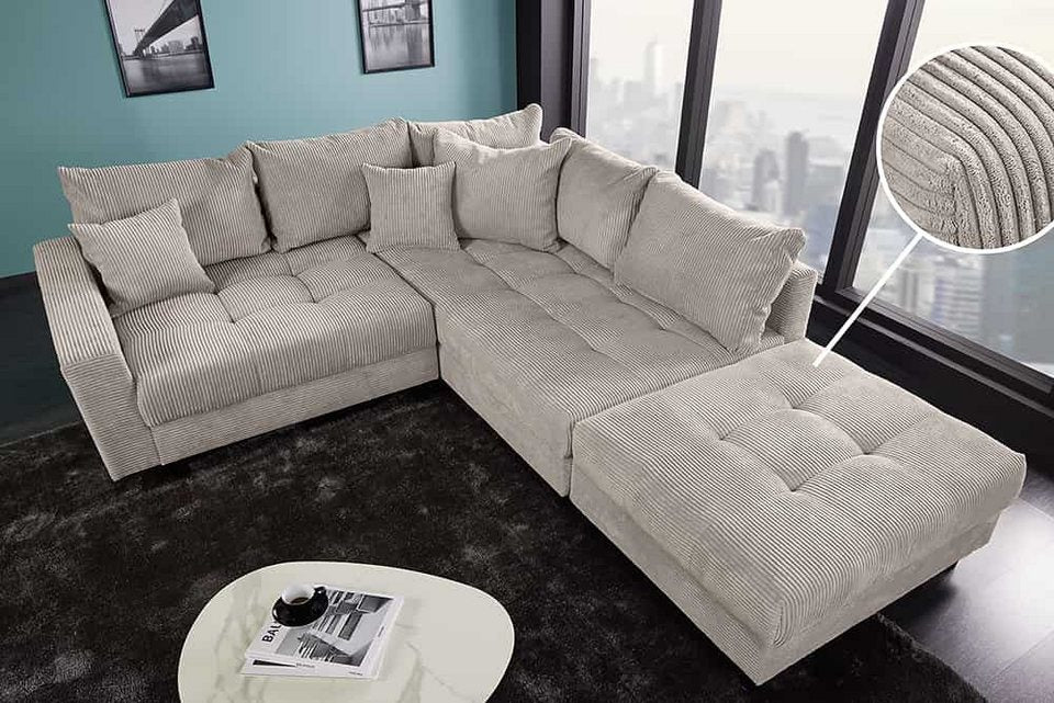 Cord Ecksofa KENT 220 cm in Greige mit Hocker in L-Form
