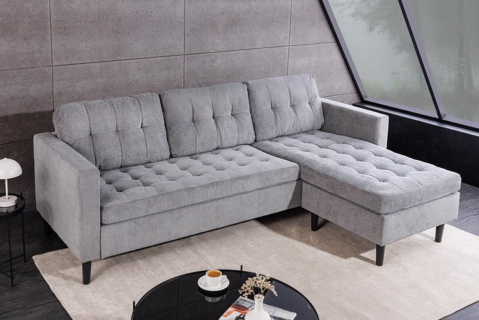 Cord Ecksofa STOCKHOLM in Grau mit Ottomane und Hocker