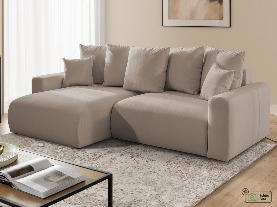 Cord Ecksofa CALMA in Greige im Bumpy-Design mit Ottomane