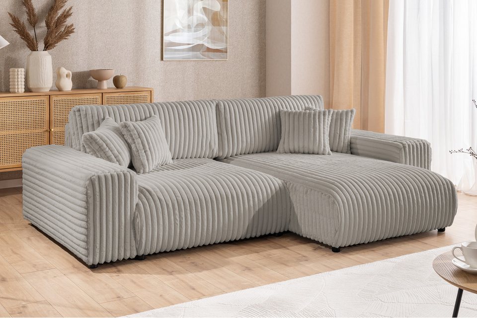 Cord Ecksofa MOLLIS 255 cm in Hellgrau mit Ottomane