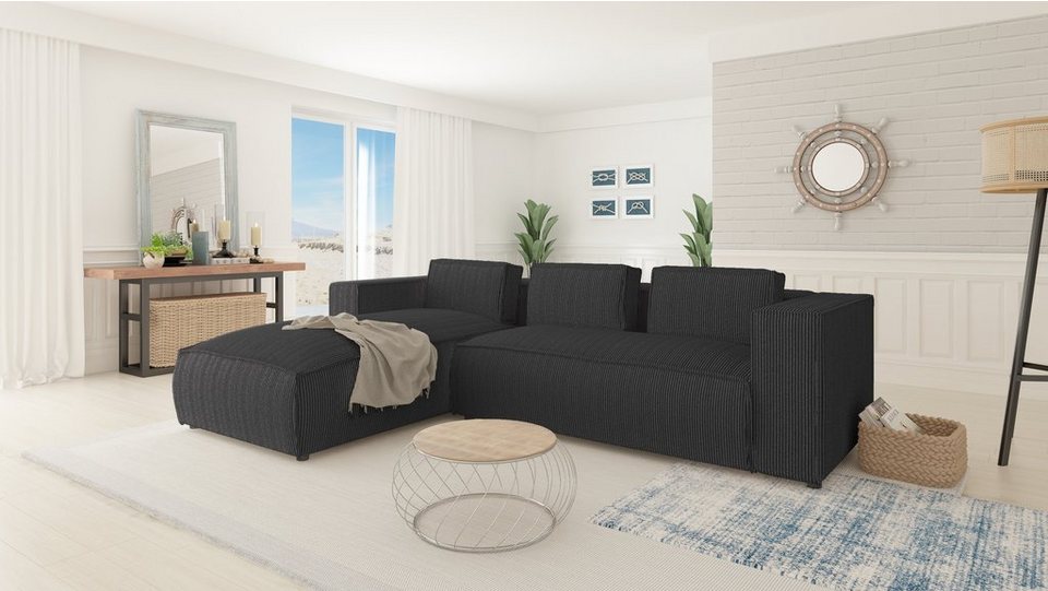 Cord Ecksofa RENNE in Grau mit Ottomane