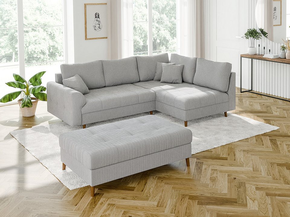 Cord Ecksofa ZARA in Hellgrau mit Hocker