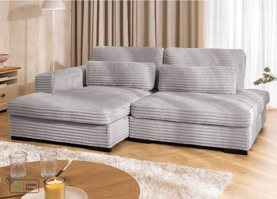 Cord Ecksofa WOLKE in Hellgrau mit Schlaffunktion und Bettkasten