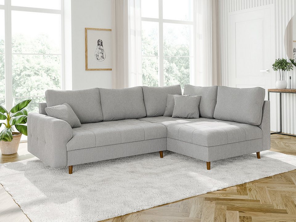 Cord Ecksofa ZARA in Hellgrau mit Ottomane