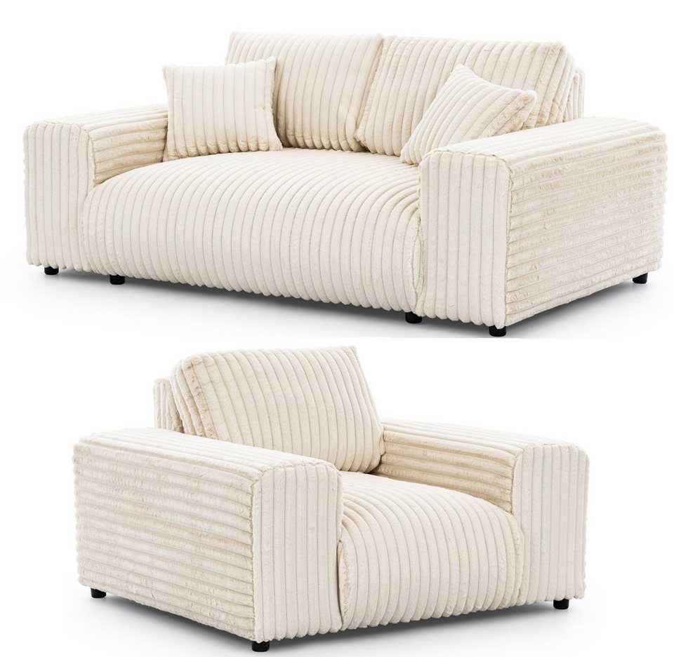 Cord Polstergarnitur MOLLIS in Hellbeige mit Sofa und Sessel
