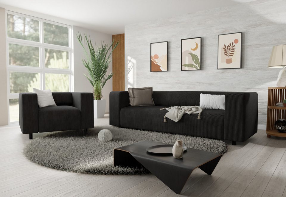 Cord Garnitur GUSTAV in Schwarz mit 3-Sitzer-Sofa und Sessel