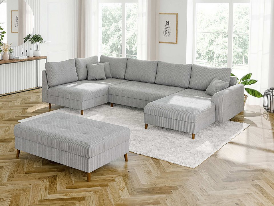 Cord Wohnlandschaft ZARA in Hellgrau mit Hocker und Schlaffunktion