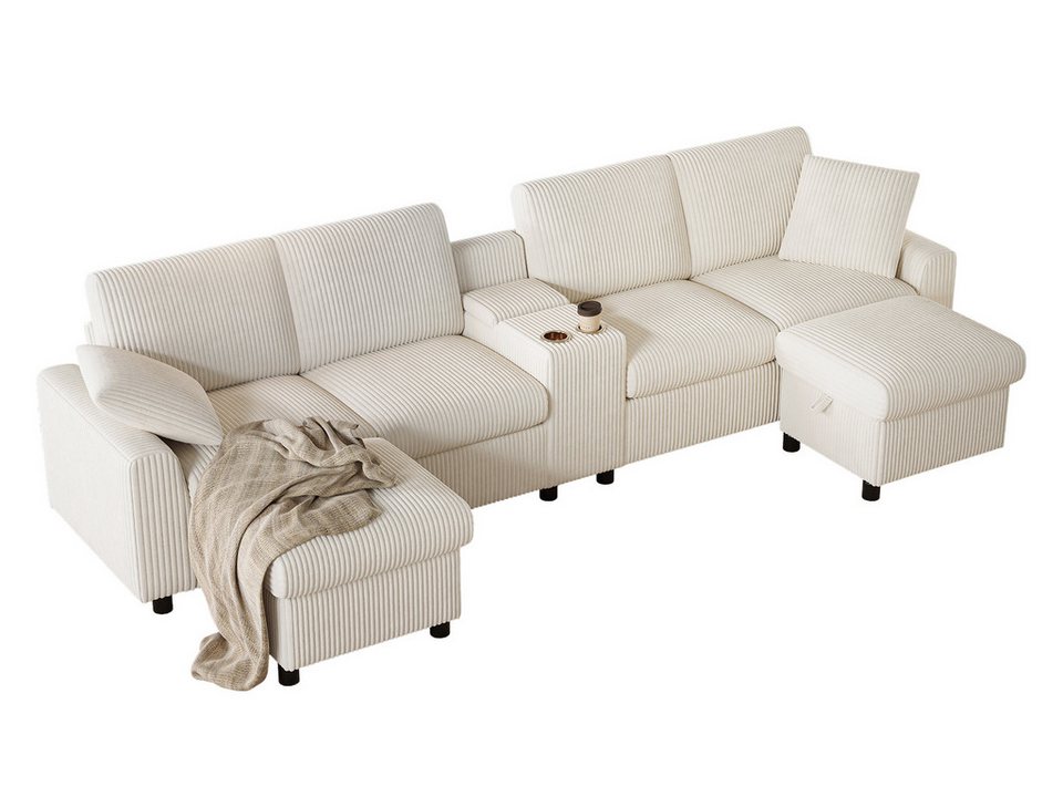 Cord Big Sofa SEEDWAVE 315 cm in Beige mit zwei Fußhockern