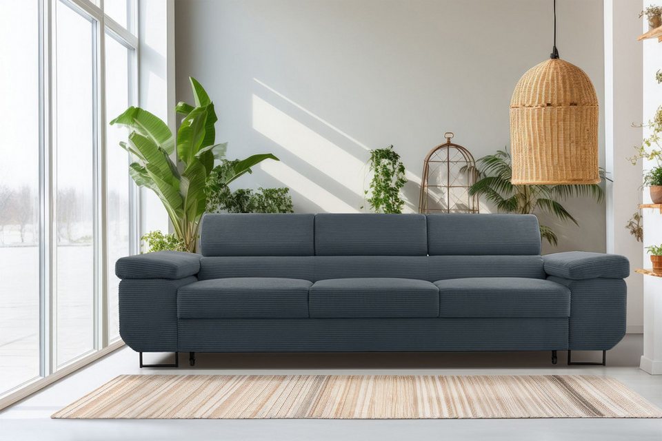 Cord Schlafsofa CAPURSO 274 cm in Blaugrau mit Schlaffunktion