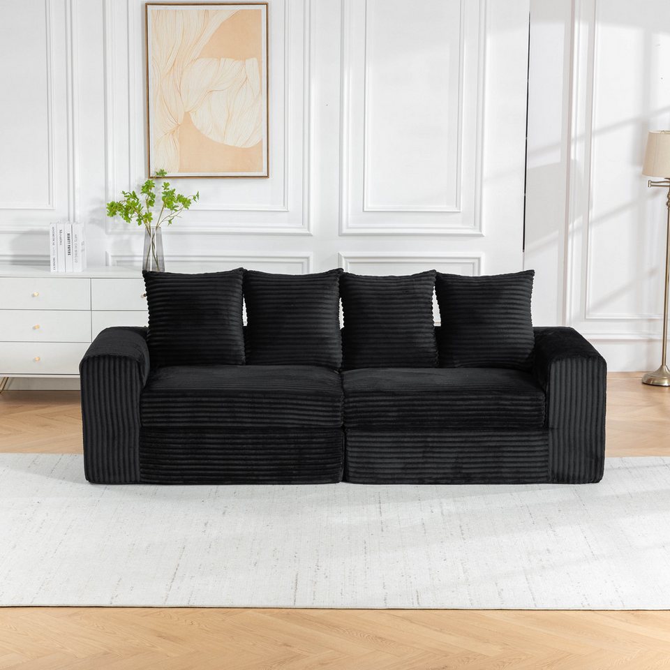 Schwarzes Cord Ecksofa mit Federkern und Fußhocker