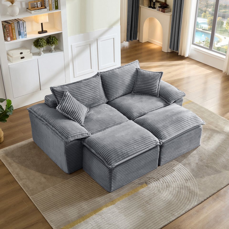 Modulares Cord Schlafsofa BODENSOFA 2-Sitzer in Grau mit Hockern