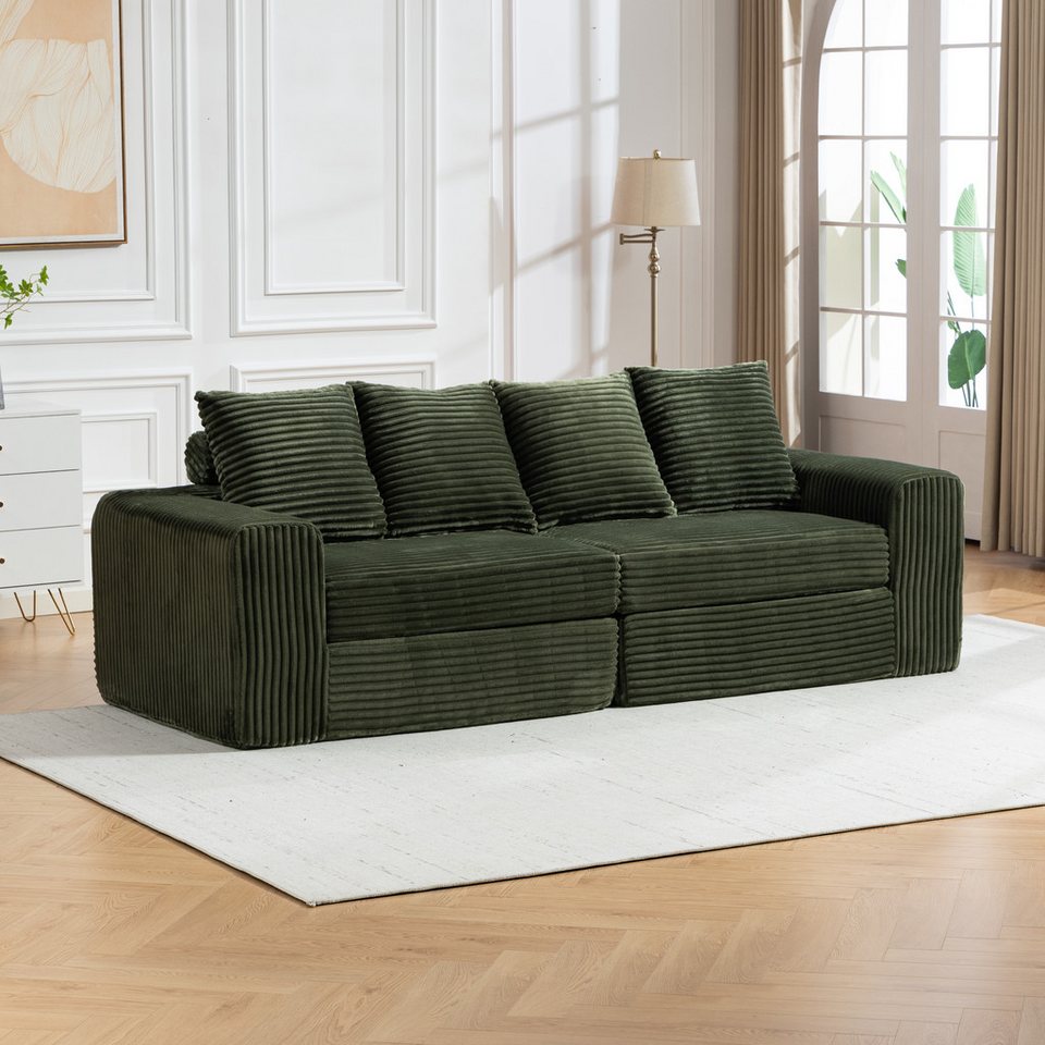 Modulares Cord Sofa in Grün von vorne
