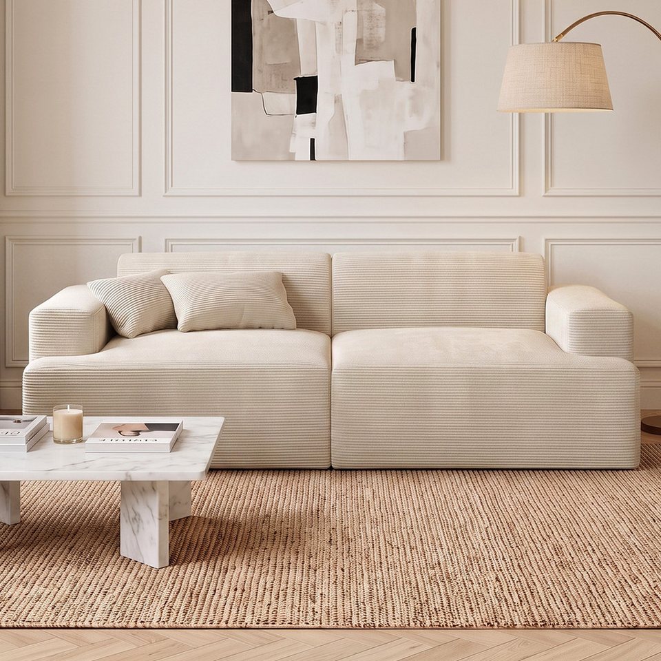 Cord Sofa FREKI in Beige mit zwei Rückenkissen