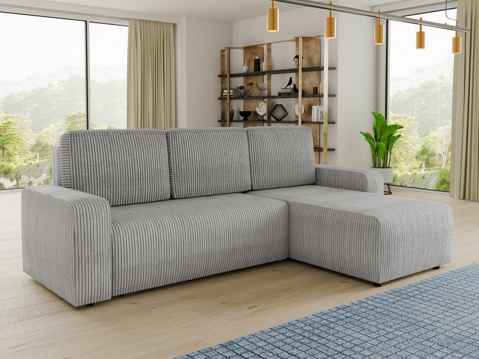 Graues Cord Ecksofa ROMA L mit Schlaffunktion und Bettkasten