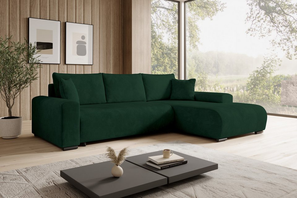 Cord Ecksofa ELLEN in Grün mit Ottomane rechts