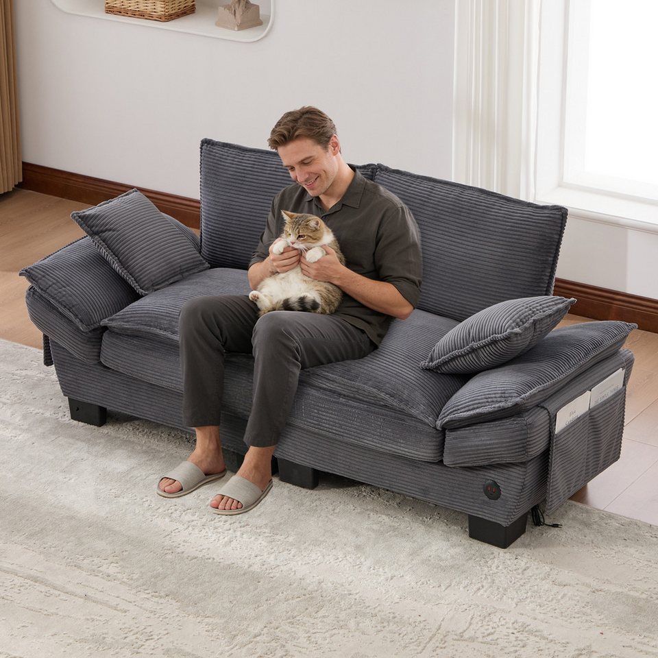 Modulares 2-Sitzer Cordsofa in Dunkelgrau mit breiter Sitzfläche
