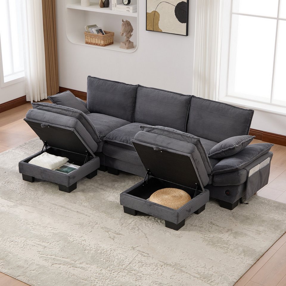 Modulare Cord Wohnlandschaft TAVILAECON 260 cm in Dunkelgrau