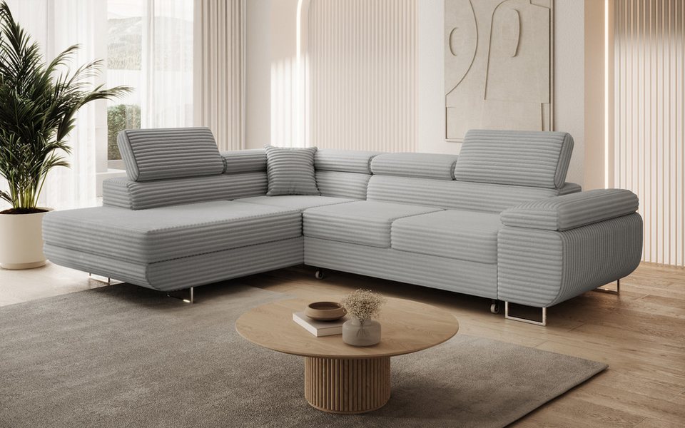 Cord Ecksofa ASTON 273 cm in Hellgrau mit Schlaffunktion und Bettkasten