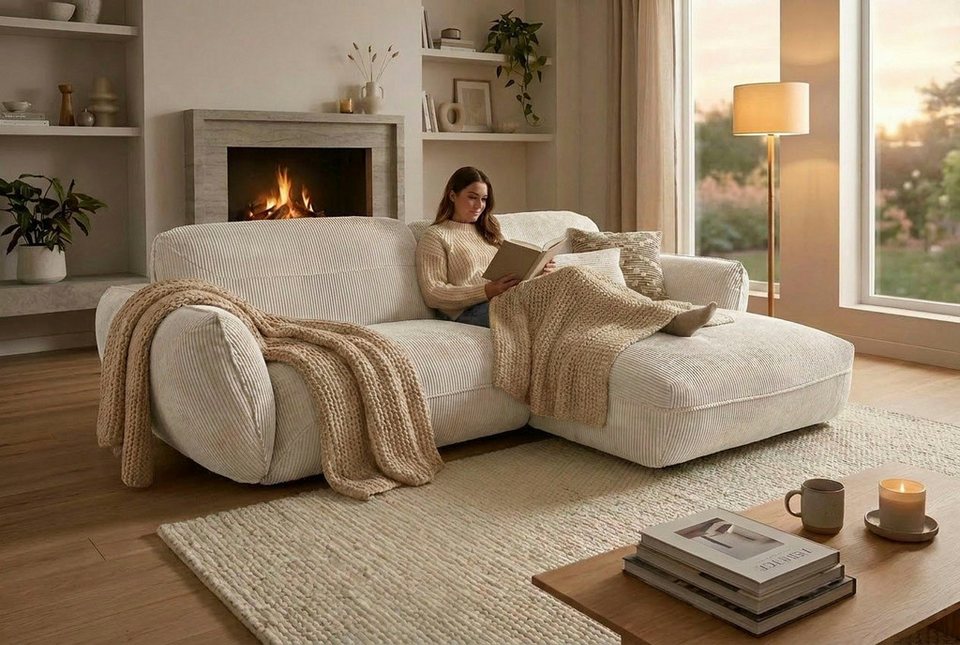 Cord Ecksofa BE CHILLED in Cream mit Recamiere rechts