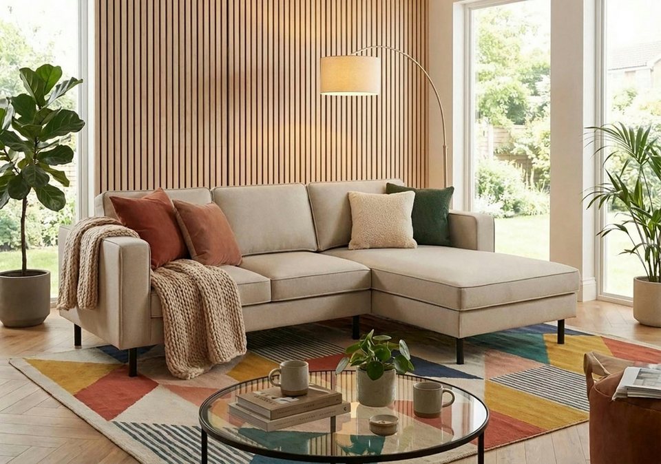 Cord Ecksofa WATKINS in Sandgrau mit Recamiere in L-Form