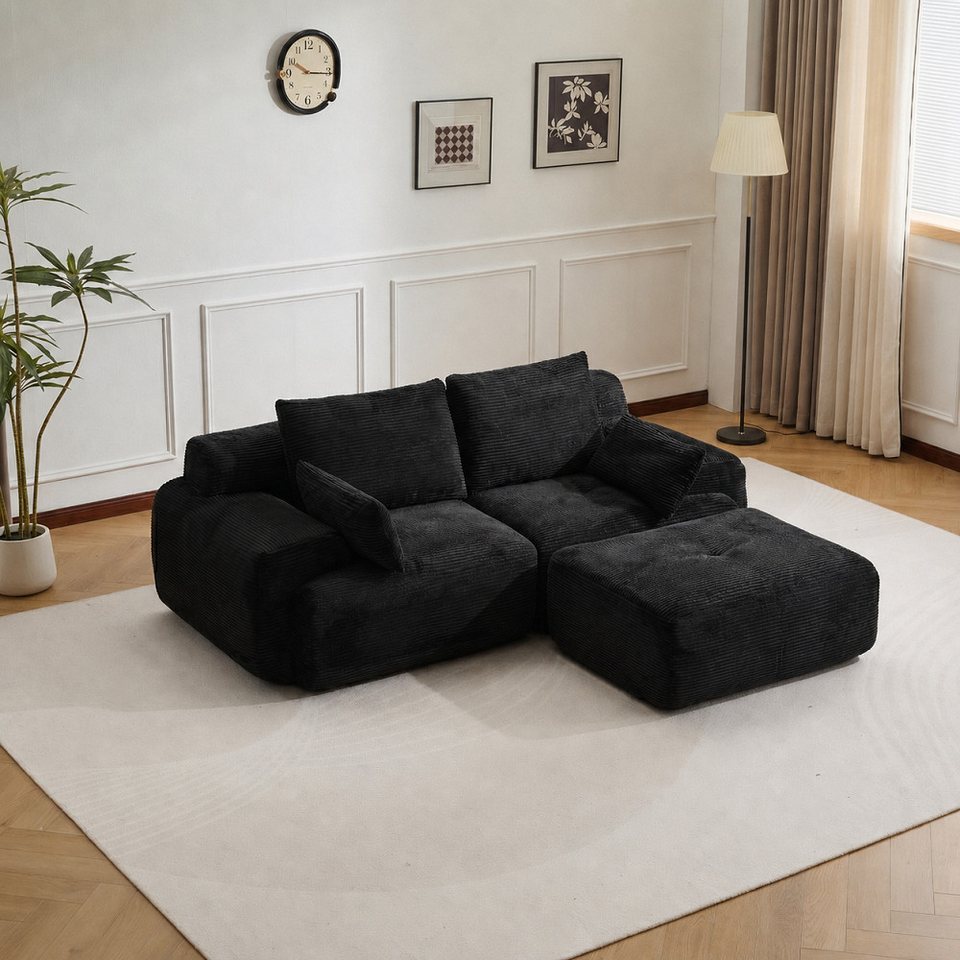 Modulares Cord Ecksofa in Schwarz mit 204 cm Breite