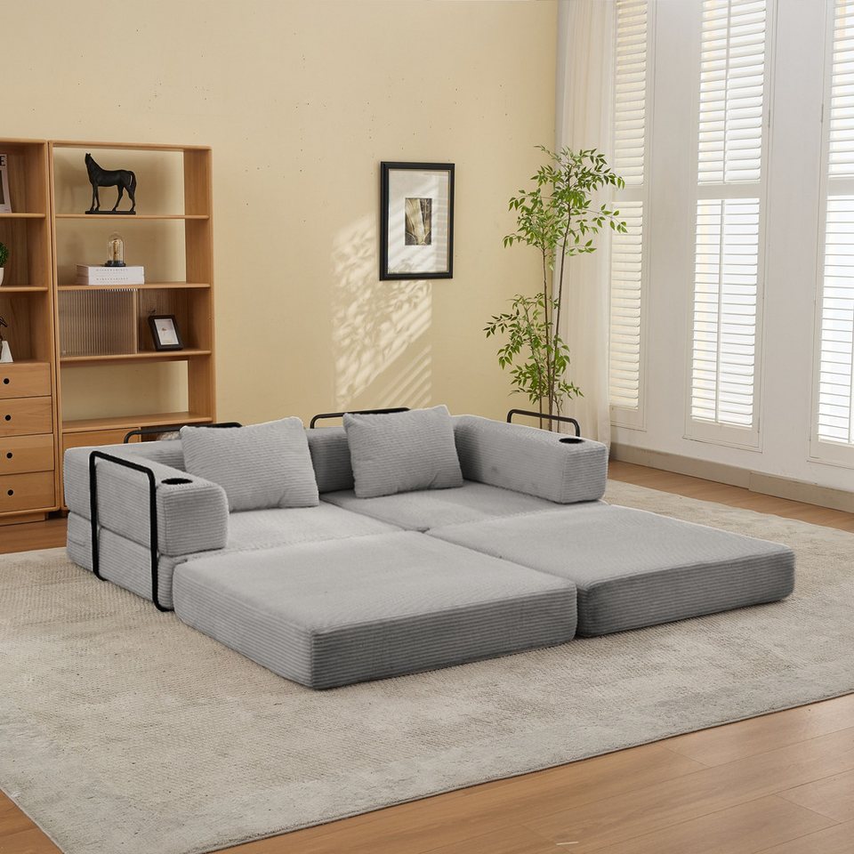Cord Schlafsofa 200 cm in Grau als 2-Sitzer aufgestellt
