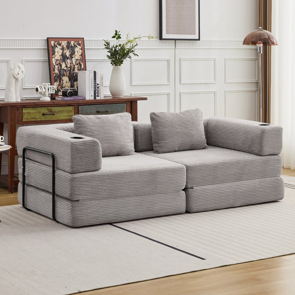 Faltbares Cord Schlafsofa in Grau mit Bettfunktion