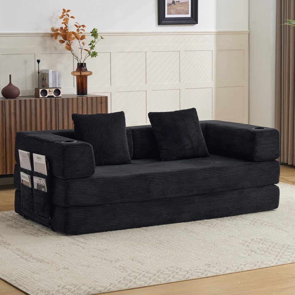 Schwarzes Cord Klappsofa VANKEL mit Cupholder und Seitentaschen