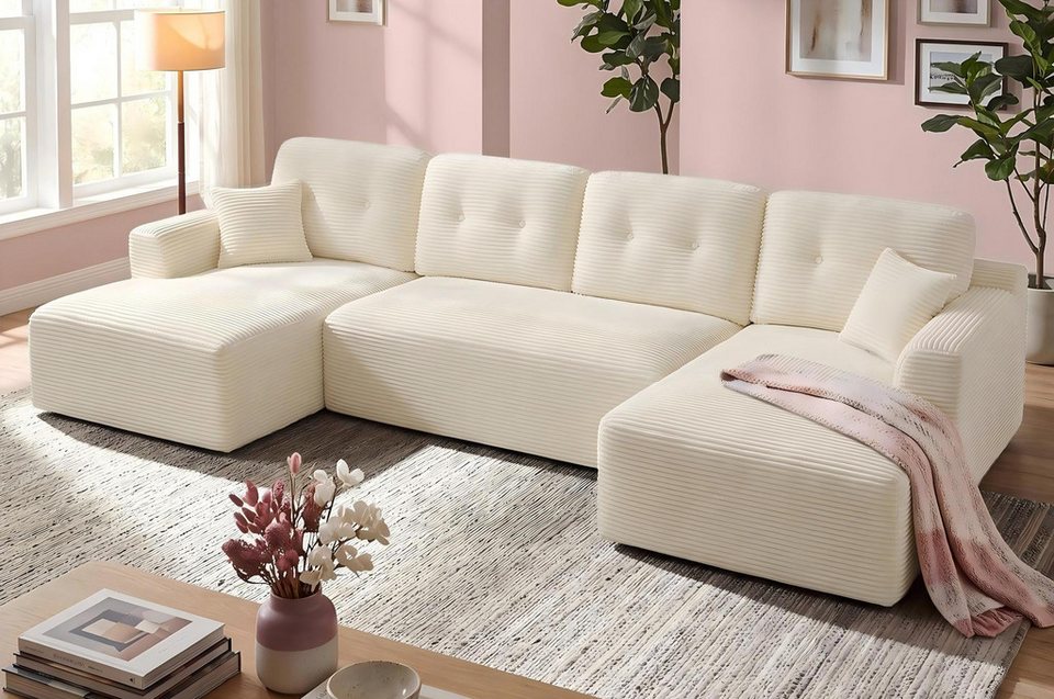 Modulare Cord Wohnlandschaft 336 cm in Weiß in U-Form