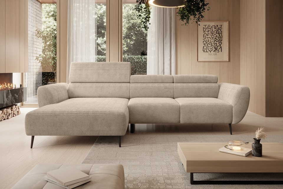 Cord Ecksofa ALISSON 277 cm in Beige mit Ottomane links