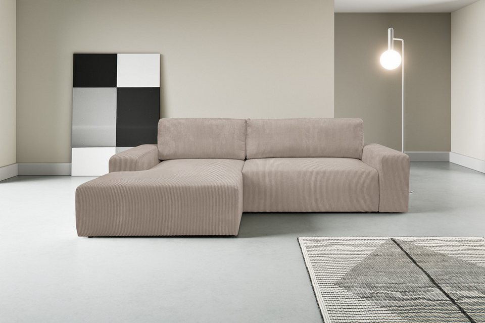 Cord Ecksofa ROTTERDAM-L 267 cm in Hellgrau mit Ottomane links