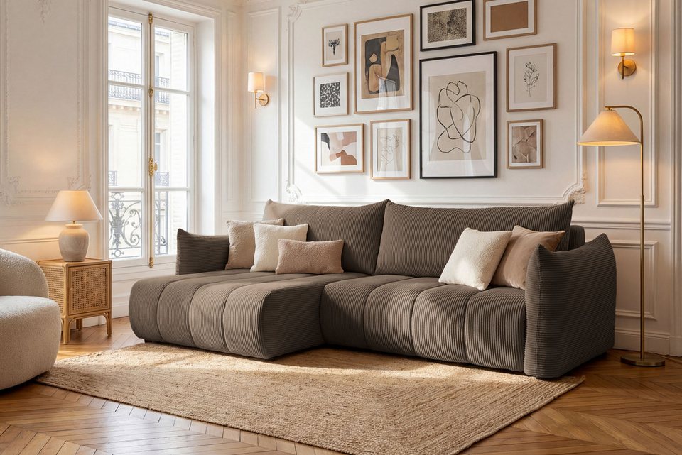Cord Ecksofa LIV in Braun mit Schlaffunktion und Bettkasten