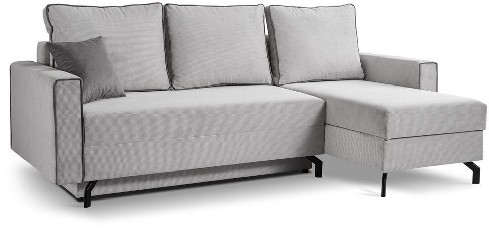 Cord Ecksofa MARTI in Hellgrau mit Recamiere rechts