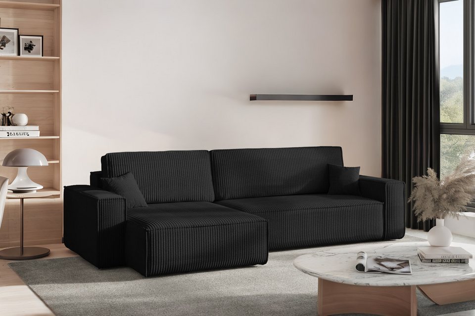 Cord Ecksofa KARL XL in Schwarz mit Ottomane und Schlaffunktion