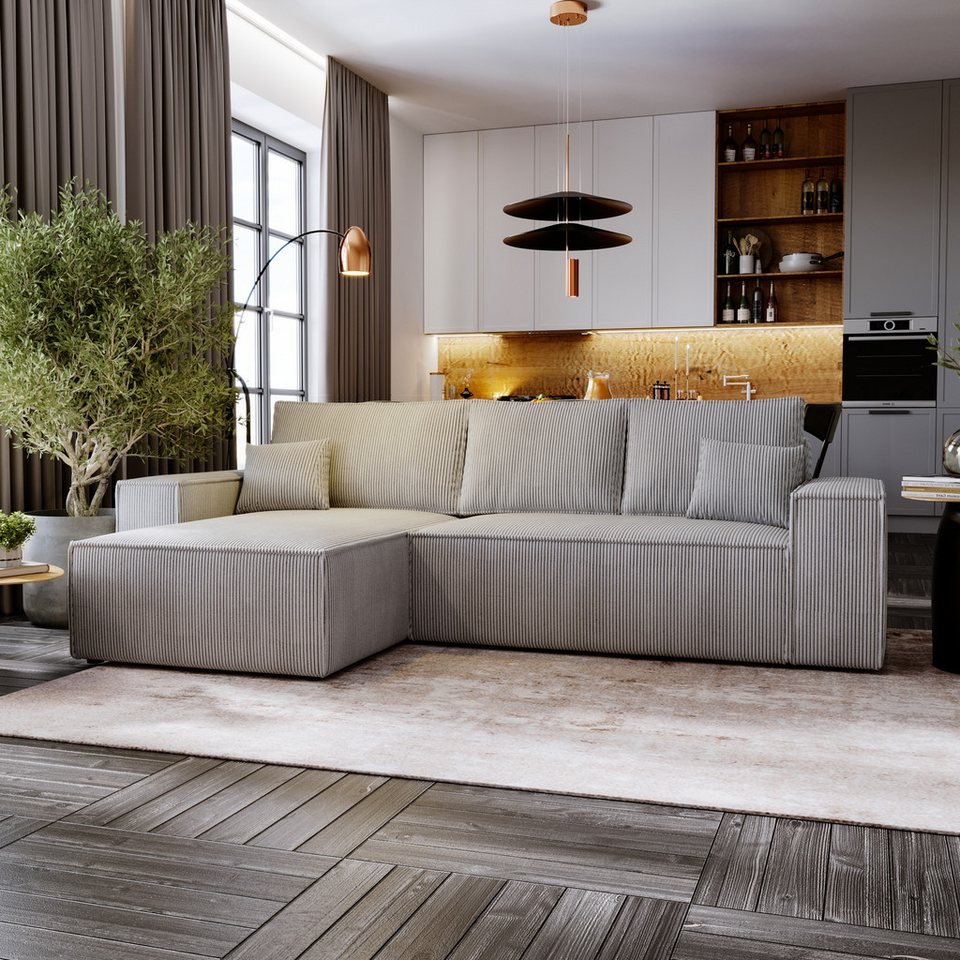 Cord Ecksofa OLIMPIA L in Grau mit Schlaffunktion und Bettkasten