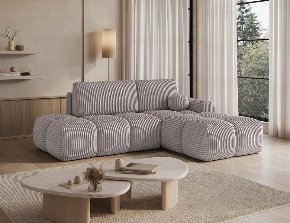 Cord Ecksofa SFERA in Hellgrau mit Schlaffunktion