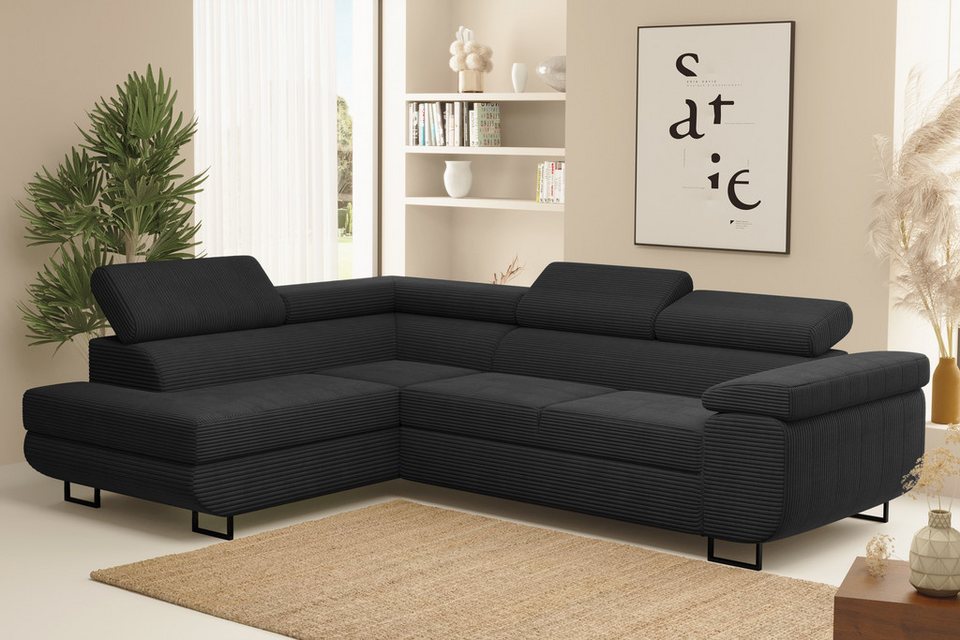 Cord Ecksofa TOKYO in Schwarz mit Schlaffunktion