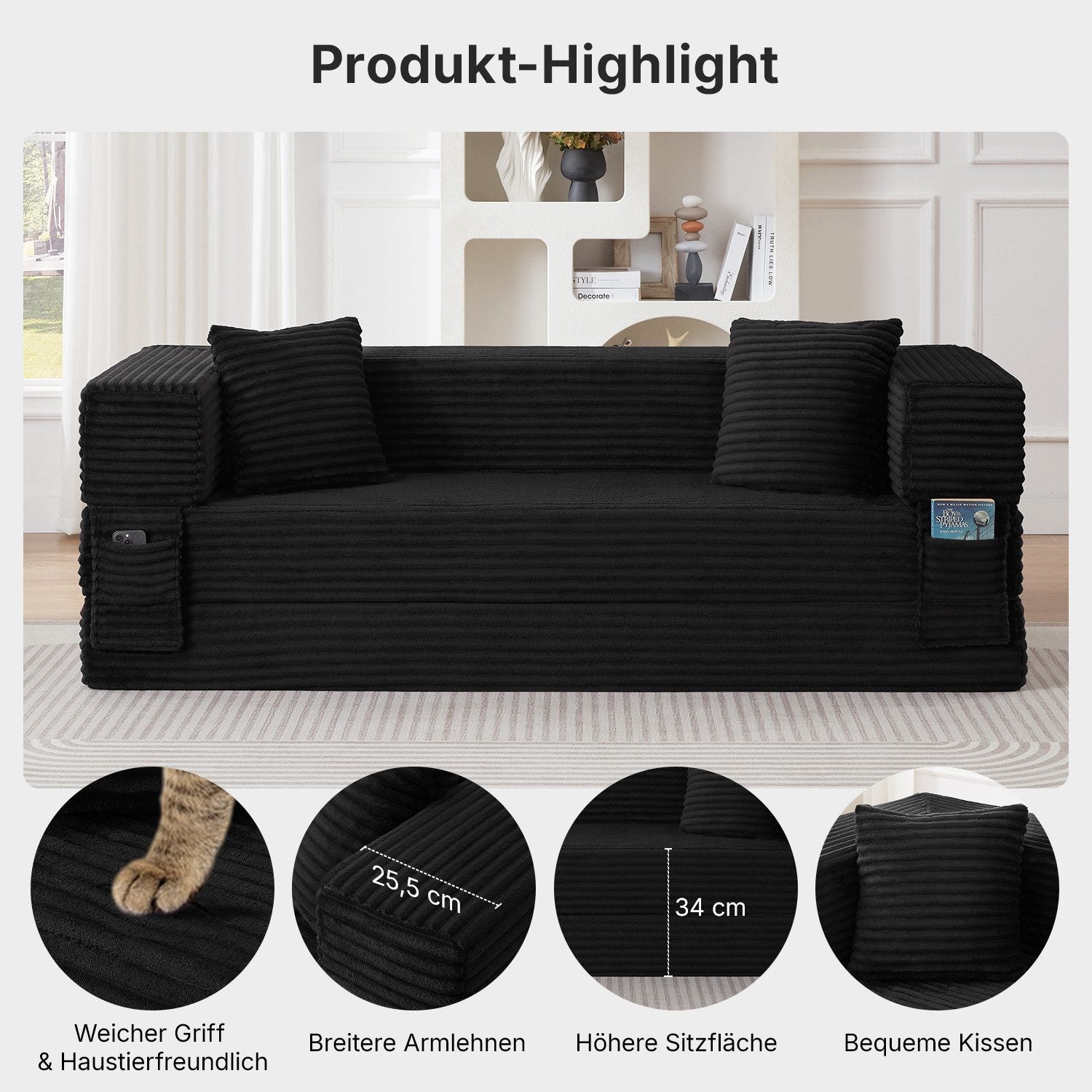 Cord Schlafsofa 200 cm in Schwarz Ansicht 6