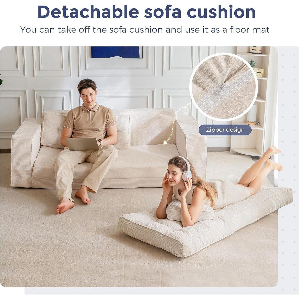 Cord Bodensofa Off-white als Liegefläche ausgeklappt