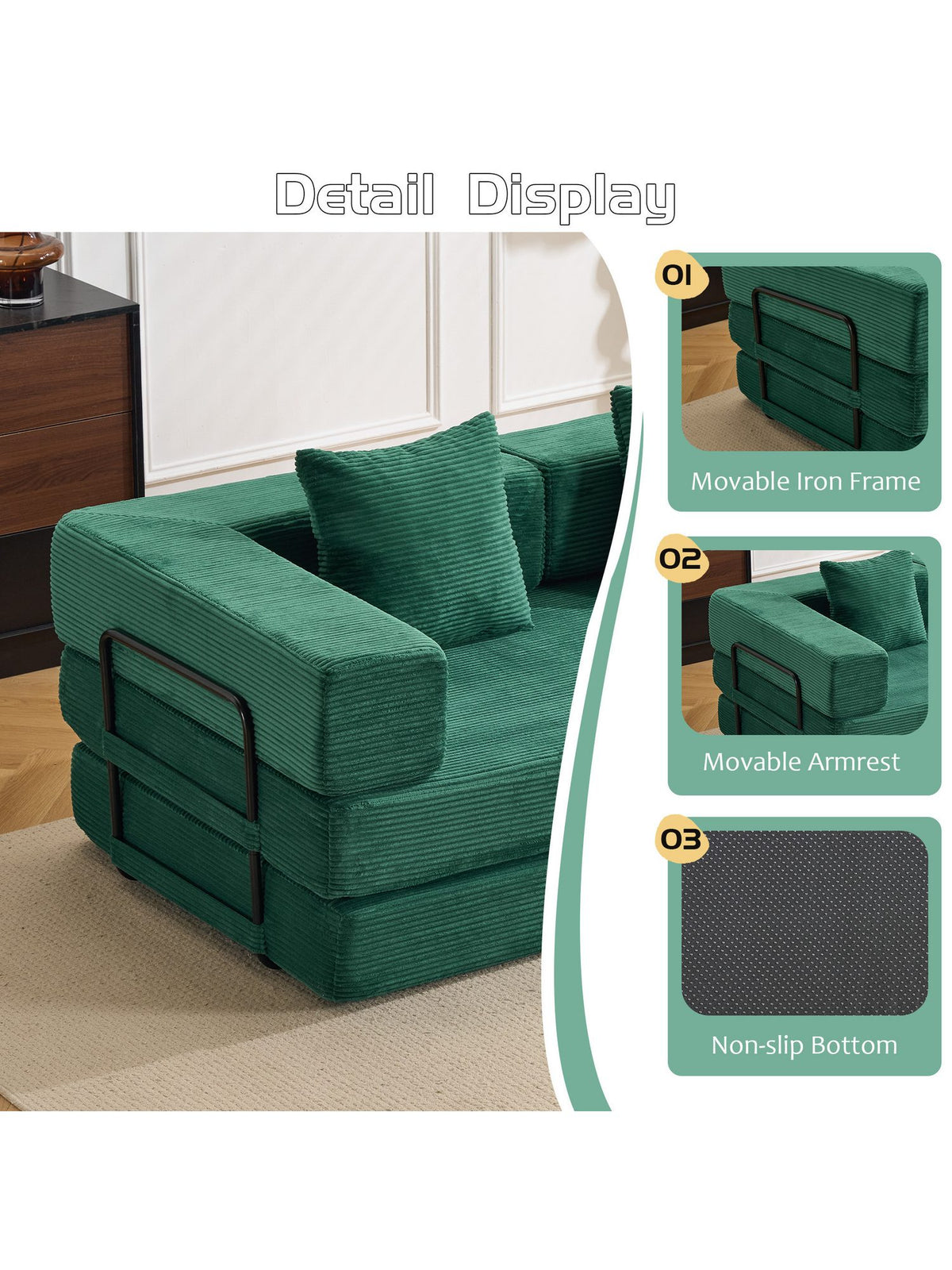Cord Schlafsofa in Grün als flaches Schlafbett aufgebaut