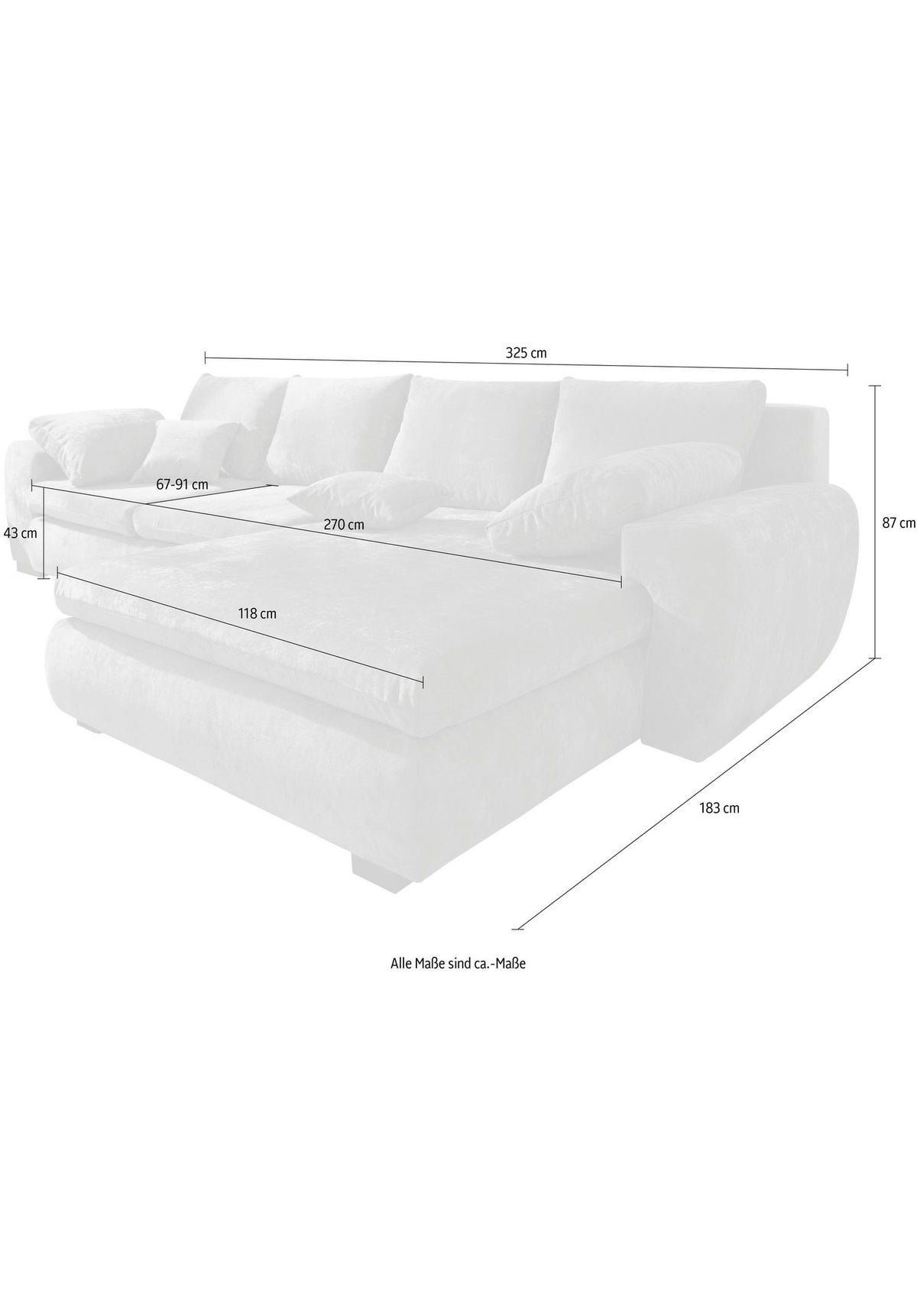Cord Ecksofa Cara Mia in Grau mit vier Zierkissen