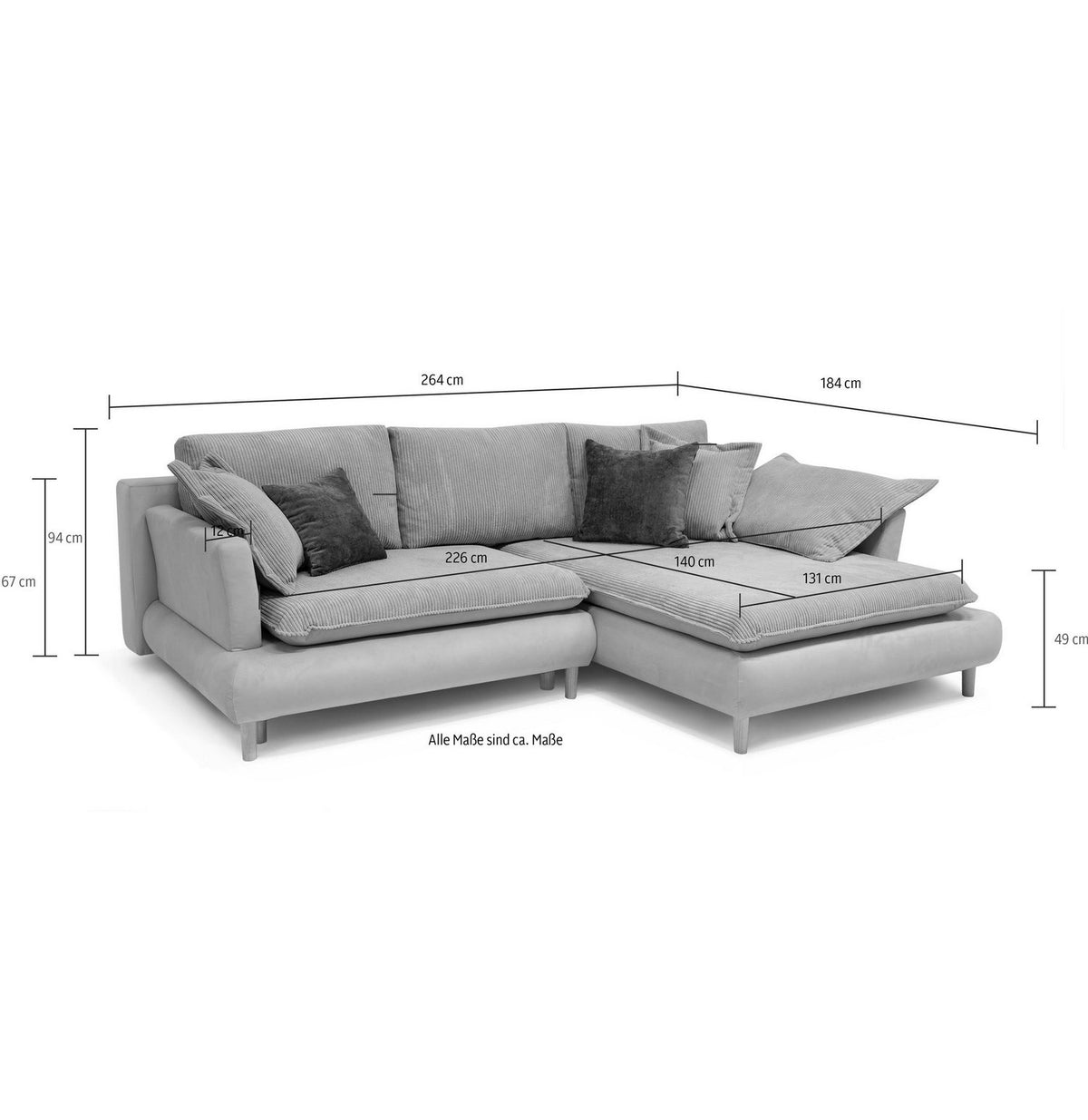 Cord Ecksofa MANDELA in Beige Gesamtansicht der L-Form
