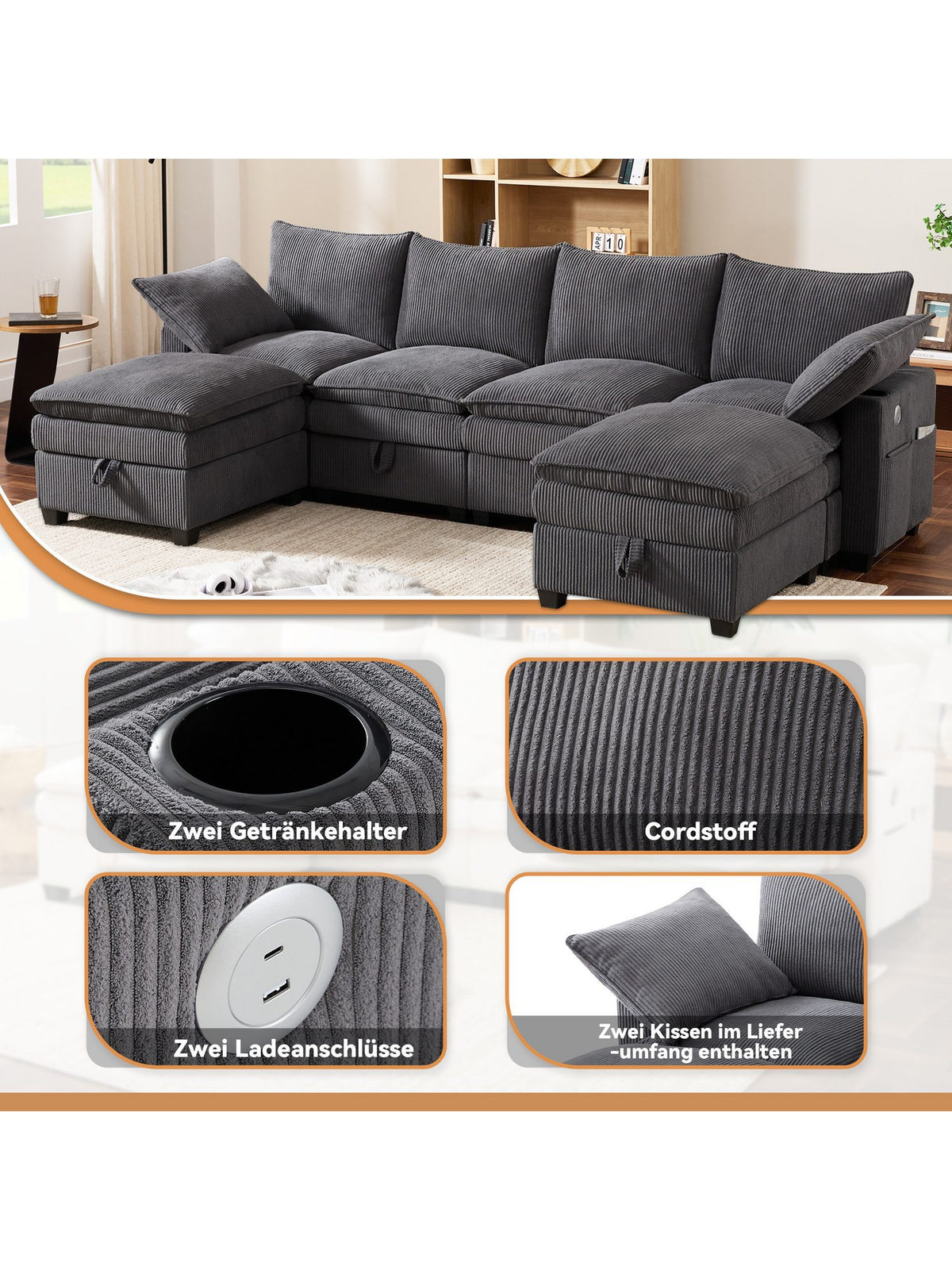 Cord Ecksofa ULIFE in U-Form aufgestellt