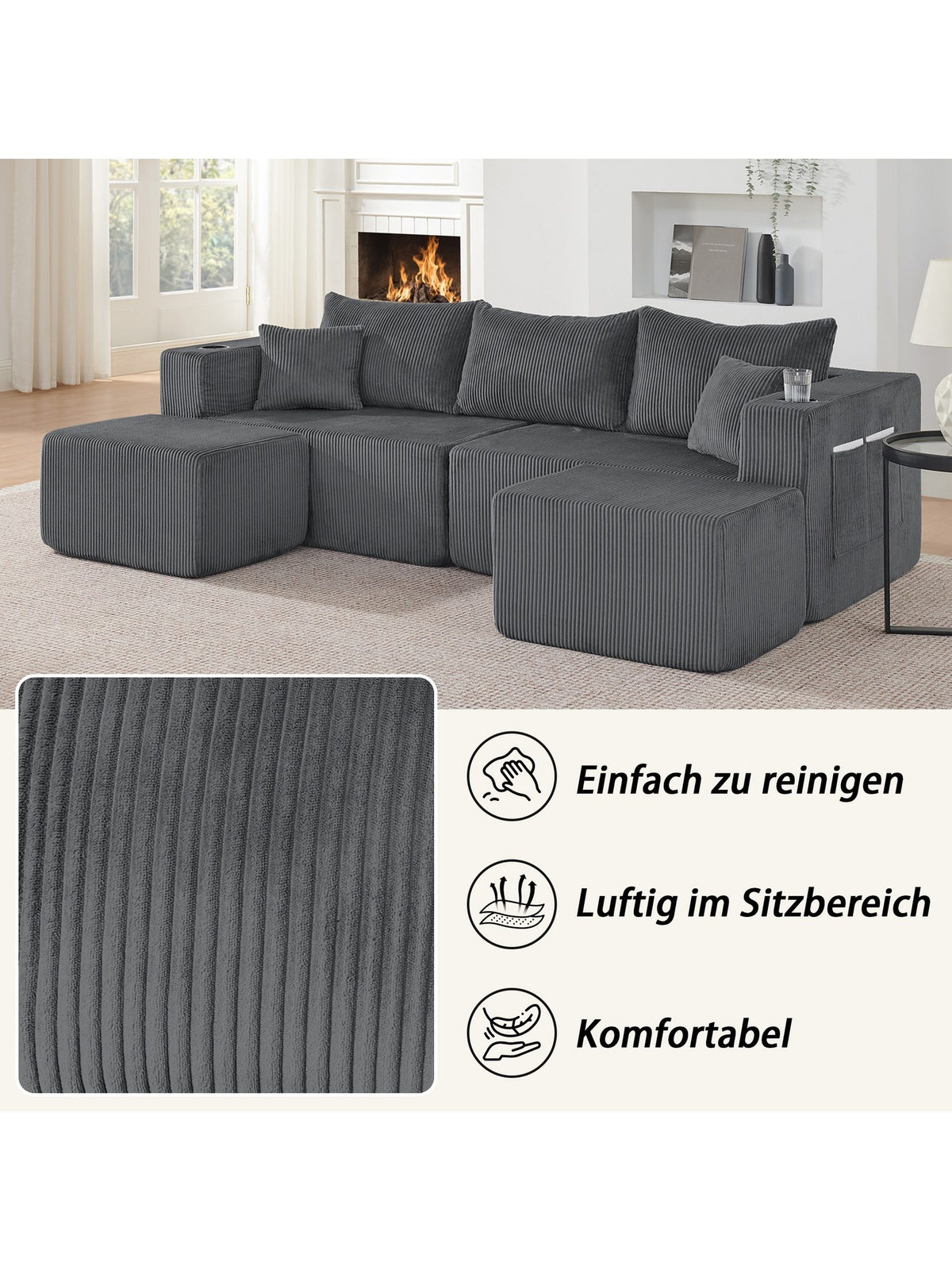 Getränkehalter in der Armlehne des Cord Sofas