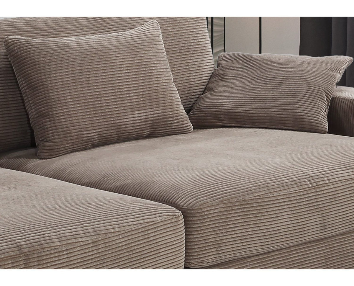 Detailaufnahme des Cord Bezugs in Braun Taupe