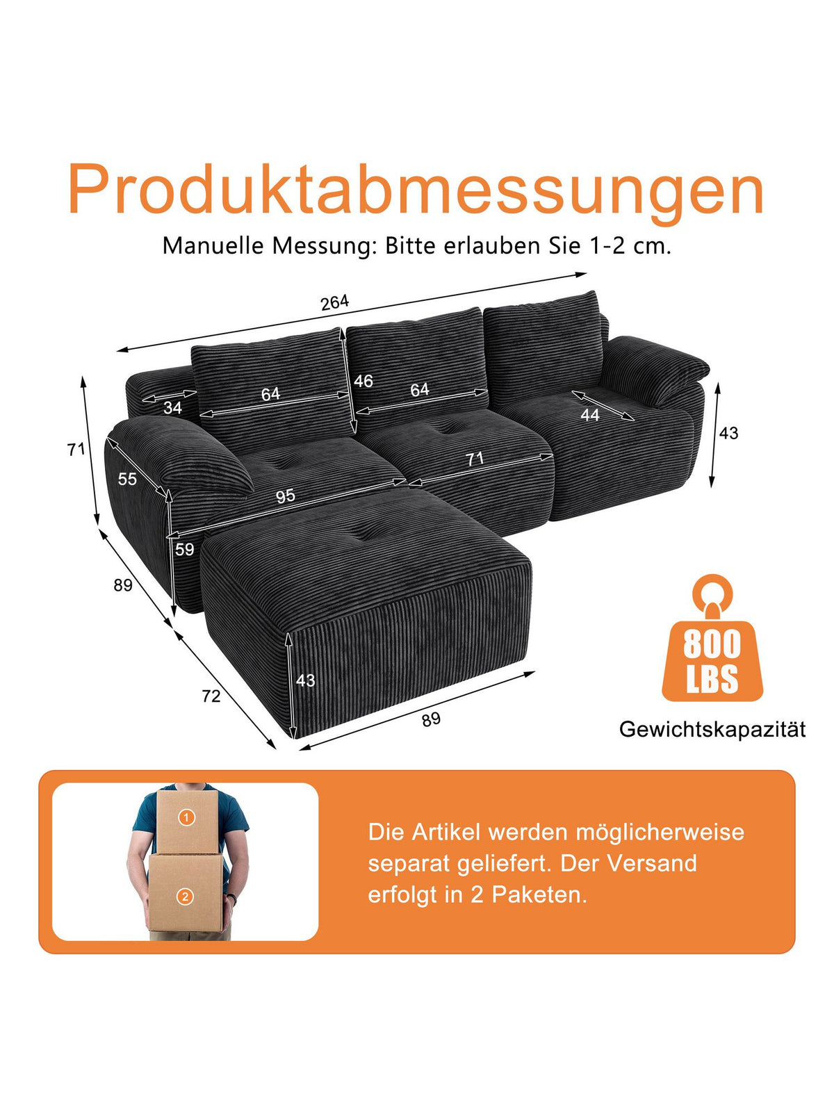 Modulares Cord Ecksofa mit Fußhocker
