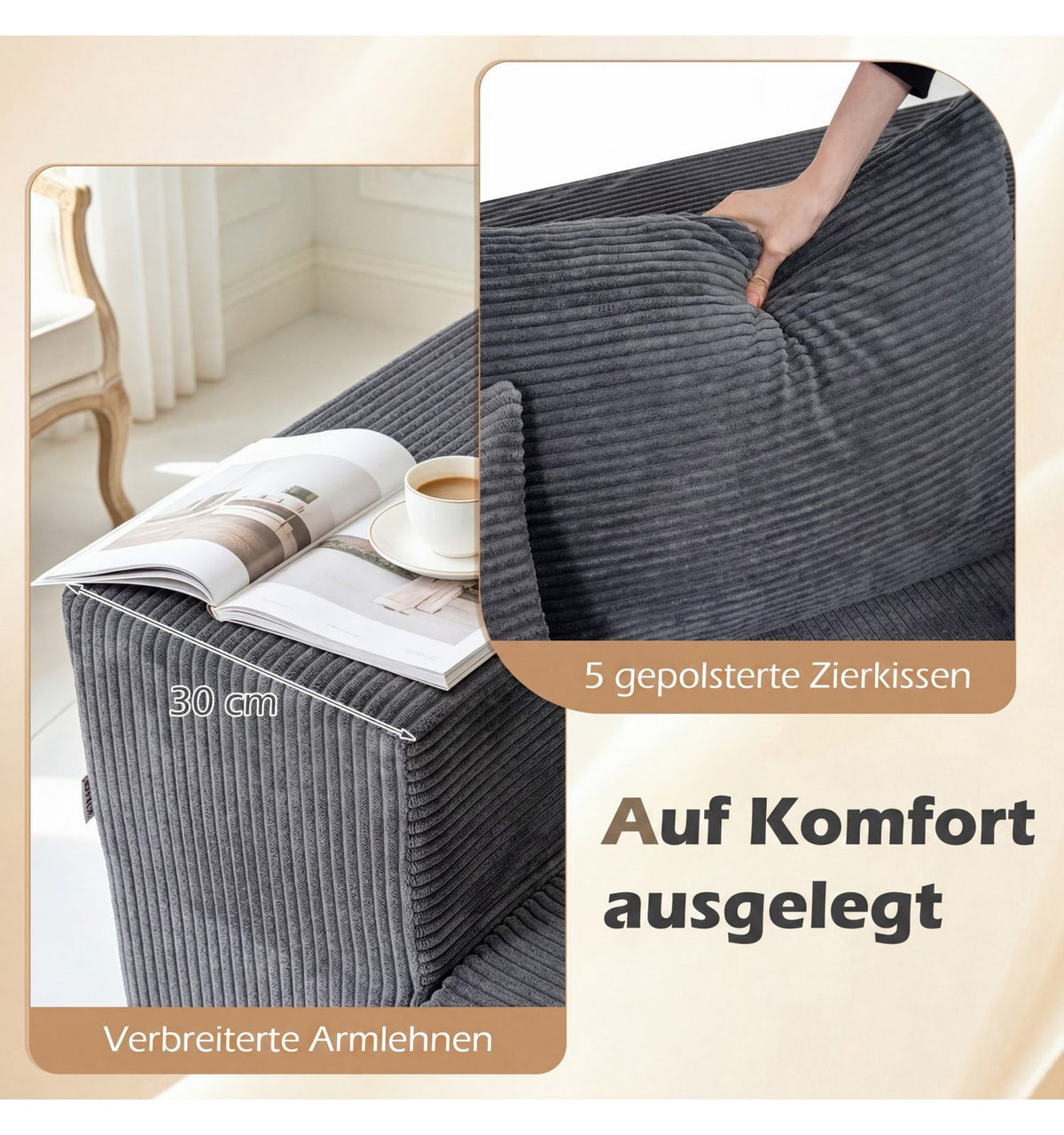 Modulares Cord Ecksofa im Wohnzimmer
