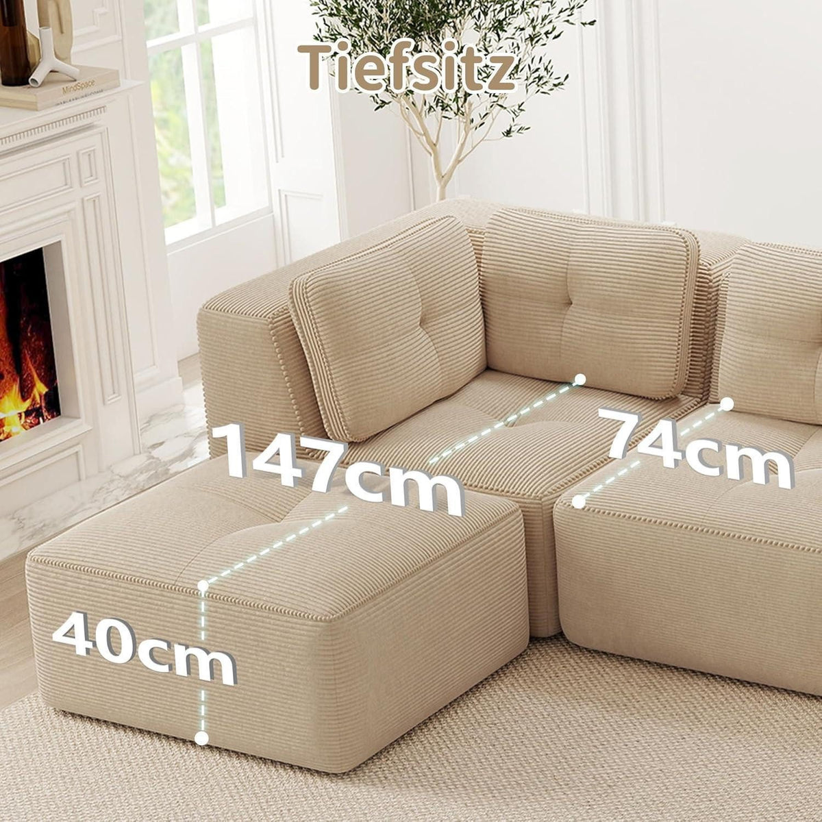 Module des beigen Cord Ecksofas frei kombiniert