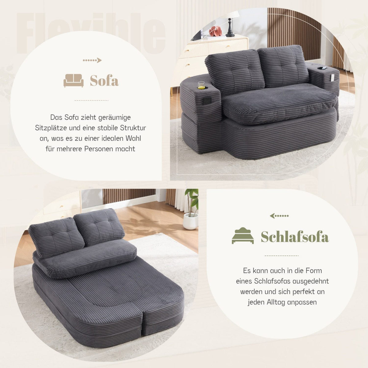 Cord Schlafsofa als Liegefläche aufgebaut