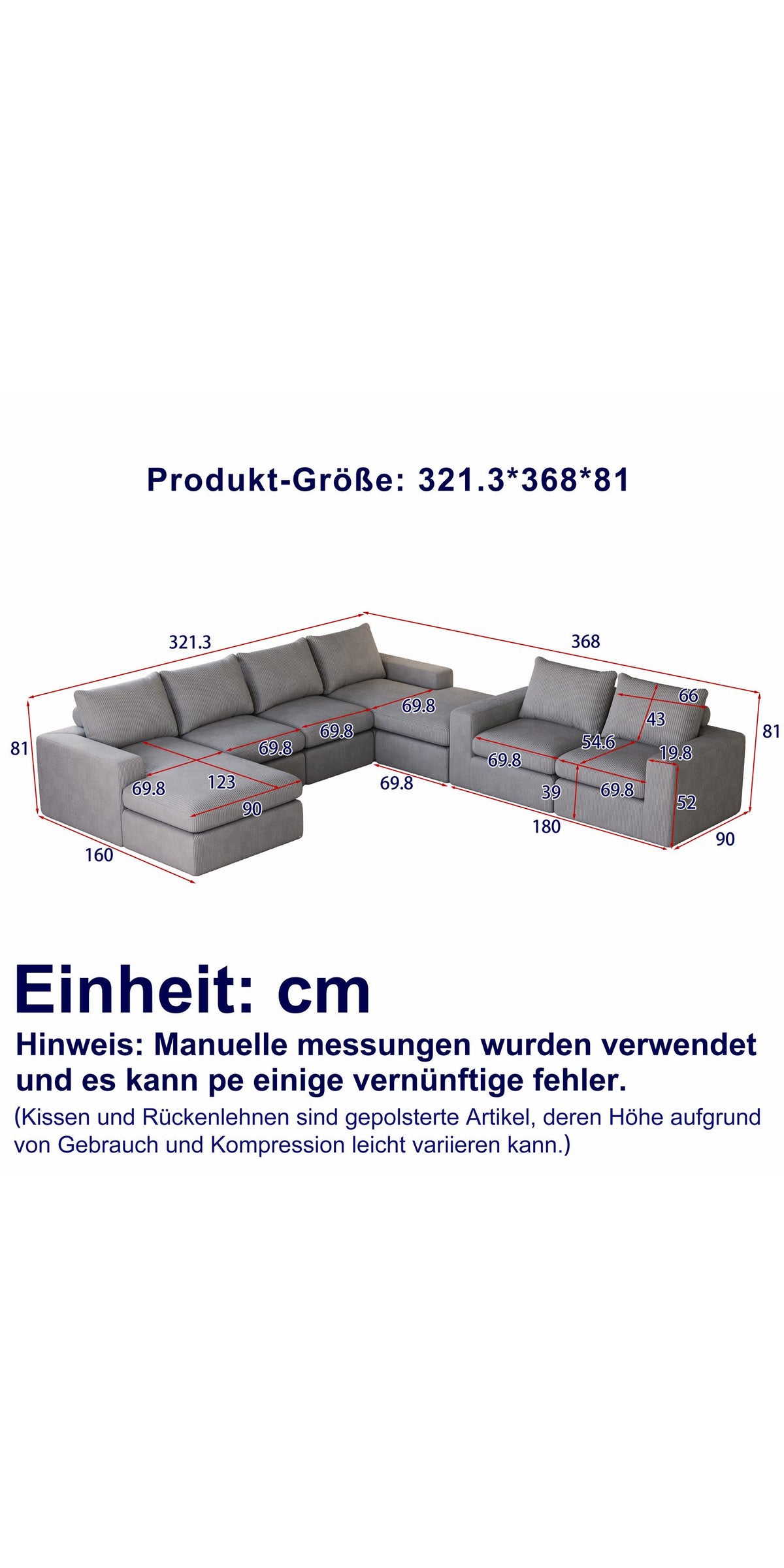 Cord Ecksofa ODIKALO in Hellgrau im Wohnraum gestellt